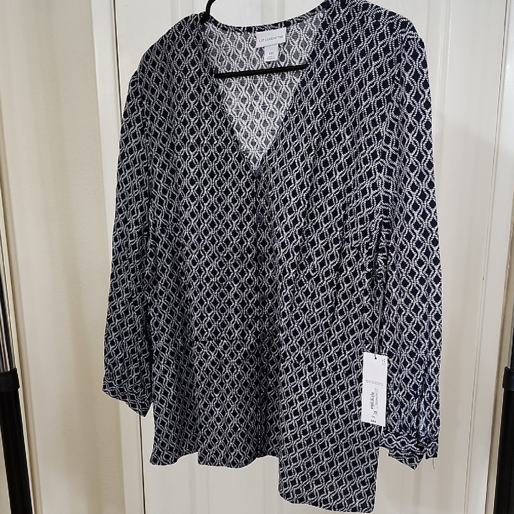 Liz Claiborne Blue and White Patterned Blouse